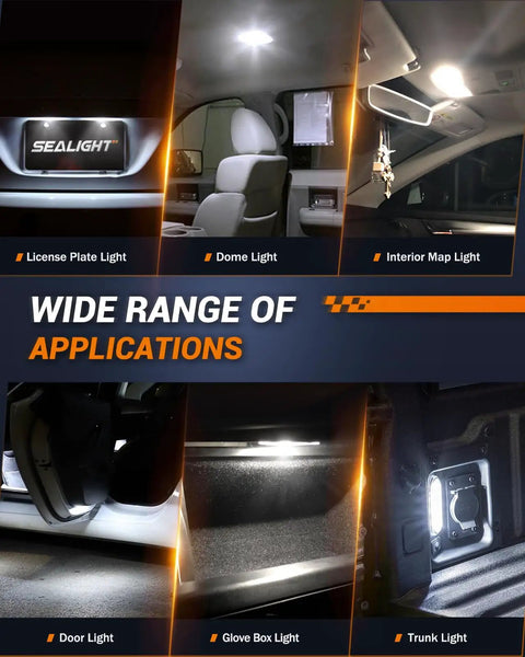 Various car lighting applications for 194 LED Bulbs Kit 6000K White 360 Degree Beam T10 Wedge Replacement demonstrated in image.