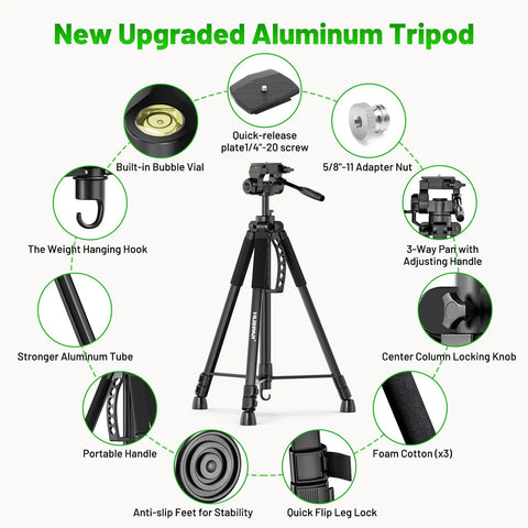 68 Inch Adjustable Laser Level Tripod With One Quarter And Five Eighth Inch Mounts Heavy Duty Portable Stand 3 Way Pan Head With 360 Degree Rotation And 90 Degree Tilt Built In Bubble Level Phone Holder Ideal Dad Gift. black aluminum tripod with bubble level and 3-way pan head
