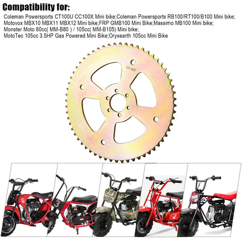 60T 420 chain six hole high torque rear sprocket for Coleman CT100U mini bikes, zinc-plated steel, shown with compatible models.
