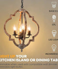 Dope Four Light Farmhouse Wood Chandelier With Rustic Orb Pendant Lighting Fixture displayed with LED, CFL options