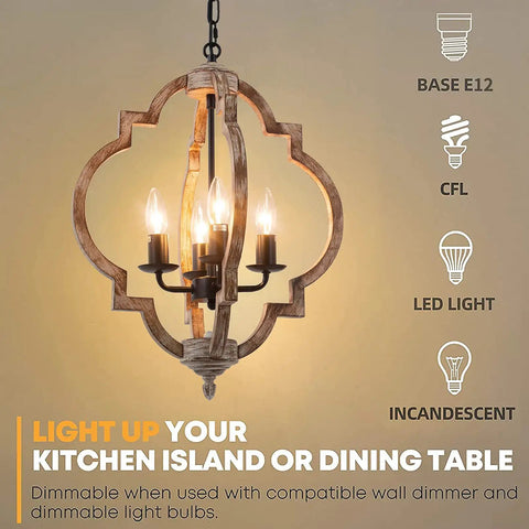 Dope Four Light Farmhouse Wood Chandelier With Rustic Orb Pendant Lighting Fixture displayed with LED, CFL options