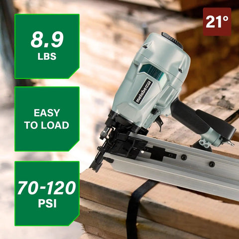 Framing Nailer Pro Preferred Pneumatic Tool With Claw Tip Tool Free Depth Adjustment on wooden beam, green labels