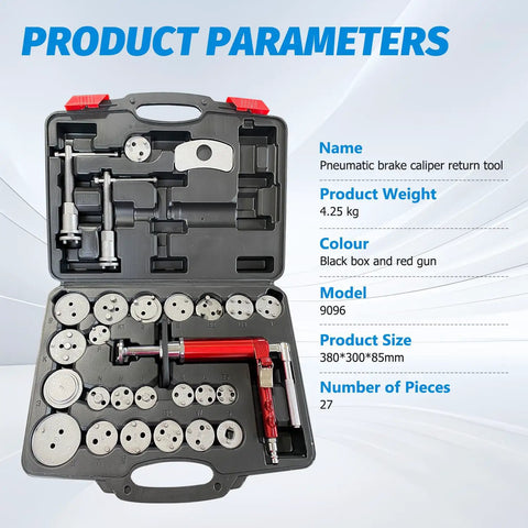 Pro Grade Pneumatic Brake Caliper Tool Set With 28-Piece Heavy Duty Disc Brake Piston Compressor And Wind Back Kit open case