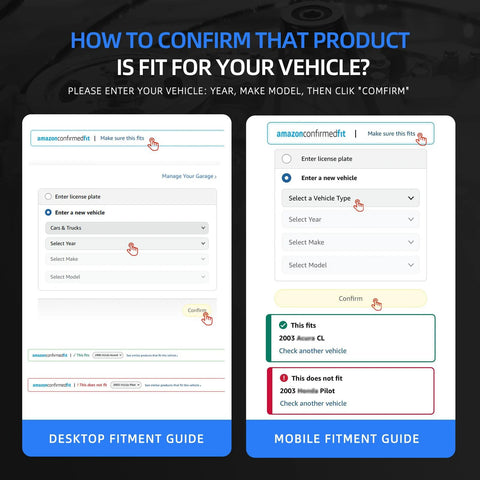 Desktop and mobile fitment guide for confirming vehicle compatibility with a product. Steps include selecting year, make, model.