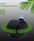 Black nylon 1.5 inch swivel furniture casters, 360° rotation, no noise, green arrows, and palm leaves on a gradient background