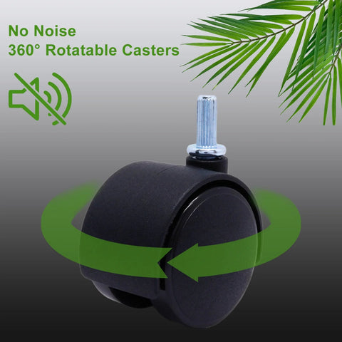 Black nylon 1.5 inch swivel furniture casters, 360° rotation, no noise, green arrows, and palm leaves on a gradient background
