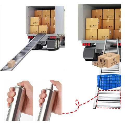 2 Pack Stainless Steel Idler Rollers Heavy Duty Workhorse With Spring Pressed Axle Built Like A Tank For Rock Solid Conveyor Performance Plus Durability in use with cardboard boxes and roller ramp.