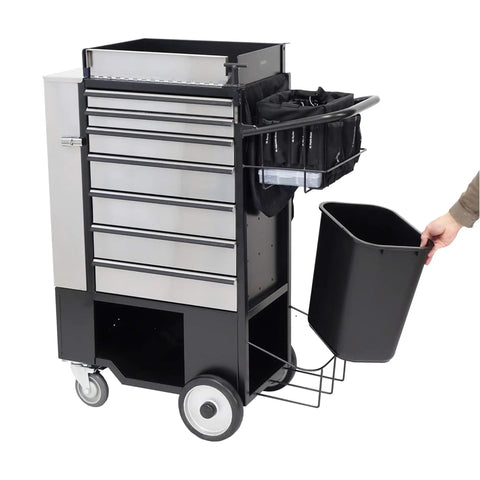 Heavy Duty Utility Cart With Rolling Storage Organizer For Maintenance Crews Includes Power Drill But No Hand Tools Industrial Grade mobile workhorse with multiple drawers and a waste bin.