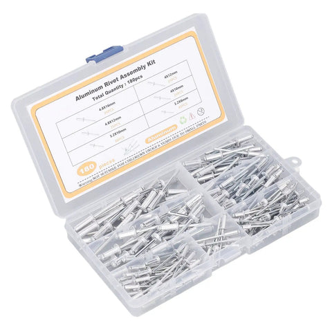 180 Piece Blind Rivet Flange Kit With Six Sizes Aluminum Alloy Rivets For Soft Materials in handy storage box