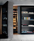 Bookshelf door with Hidden Pivot Hinges Stainless Steel For Wood And Secret Doors With 360 Degree Rotation, open to reveal hidden room.