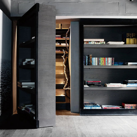 Bookshelf door with Hidden Pivot Hinges Stainless Steel For Wood And Secret Doors With 360 Degree Rotation, open to reveal hidden room.