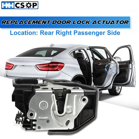 Rear Right Passenger Side Power Door Lock Actuator Motor For BMW 2003 Through 2019 Models displayed next to a car.