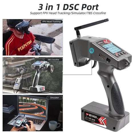 Beefed Up 7 Channel RC Transmitter With Waterproof Gyro Receiver And Surface Remote showing 3 in 1 DSC Port usage options.