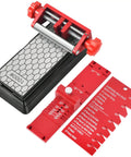 Badass Chisel Sharpener And Honing Guide With Adjustable Angle Fixture And Gauge For Ten To Forty Five Degree Bevels On Plane Blades Ranging Point One To Two Point Eight Inches Plus 400 And 1000 Grit Diamond Stones Solid Shop Essential with sharpening angle gauge.