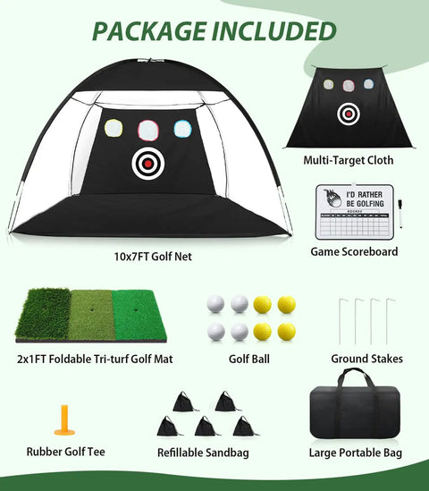 Package contents of All In One 10x7ft Golf Practice Net Set with Foldable Tri Turf Hitting Mat and accessories for practice.