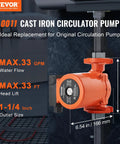 Heavy Duty Cast Iron Circulator Pump 33 GPM Hot Water Circulation Unit 3 Speed 1 1/4 Inch NPT Flange with specifications.