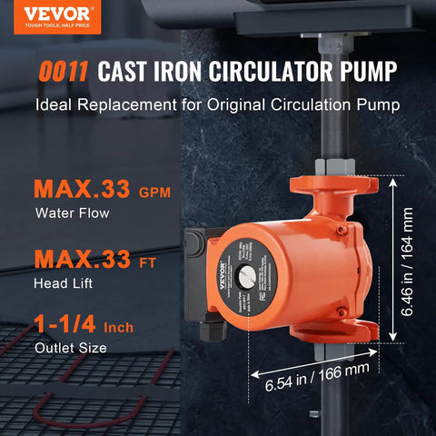 Heavy Duty Cast Iron Circulator Pump 33 GPM Hot Water Circulation Unit 3 Speed 1 1/4 Inch NPT Flange with specifications.
