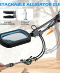 12X Magnifying Glass With Light And Clamp showing ultra long 3-section arm and detachable alligator clips for electronics work.