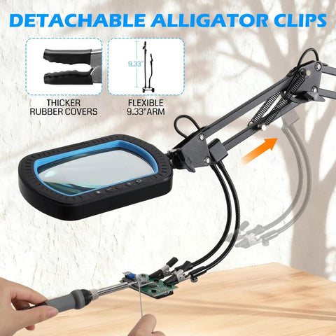 12X Magnifying Glass With Light And Clamp showing ultra long 3-section arm and detachable alligator clips for electronics work.