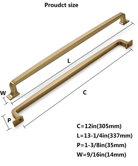 2 Pack 12 Inch Cabinet Handles Champagne Bronze Warm Brass Cabinet Pulls with dimensions for cabinets and drawers.
