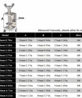 Begot 304 stainless steel C-clamp with wing bolts; front view shows wide jaw opening and adjustable screw, plus measurement chart.