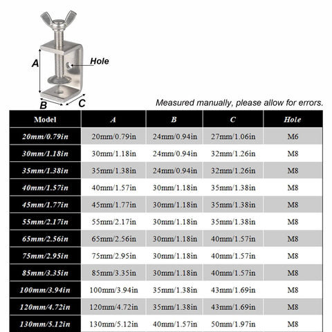 Begot 304 stainless steel C-clamp with wing bolts; front view shows wide jaw opening and adjustable screw, plus measurement chart.
