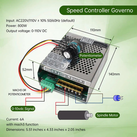 Diagram of 800W Mach3 CNC Spindle Motor Speed Controller And Power Supply with labeled dimensions and components.