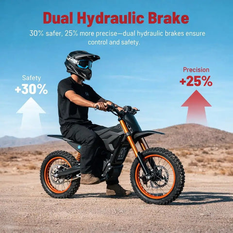 Rider on Trail-Ready Electric Dirt Bike for Adults With 3000W Peak Motor 40 MPH Top Speed 48V Battery 53 Mile Range Dual Hydraulic Brakes