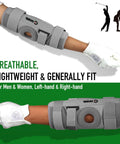 Golf Swing Trainer Arm Brace That Keeps Your Elbow Straight, shown on both left and right arms with glove, gray color.