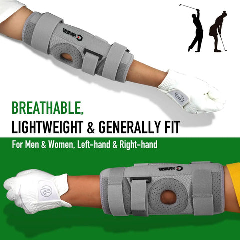 Golf Swing Trainer Arm Brace That Keeps Your Elbow Straight, shown on both left and right arms with glove, gray color.