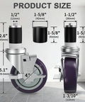 Front view of OK5STAR 4-inch prep table casters set of 4 with brakes, expanding stems for 1-1/2 to 1-5/8 inch legs.