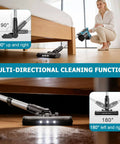 Powerful 700W Brushless Cordless Vacuum Cleaner with 60KPa Suction demonstrating multi-directional cleaning under furniture