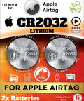 Premium 2 Pack CR2032 Battery Top Shelf Replacement For Apple AirTag, featuring Panasonic 3V lithium battery packaging.