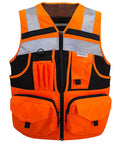High Visibility Reflective Safety Vest With Heavy Duty Construction And Plenty Of Pocket Space For Tools On Any Job Site Hella Bright Orange Unisex Work Vest In Three X Large Size, front view with tool pockets.