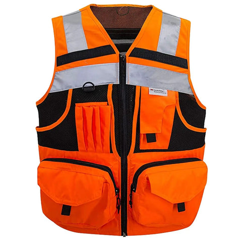 High Visibility Reflective Safety Vest With Heavy Duty Construction And Plenty Of Pocket Space For Tools On Any Job Site Hella Bright Orange Unisex Work Vest In Three X Large Size, front view with tool pockets.