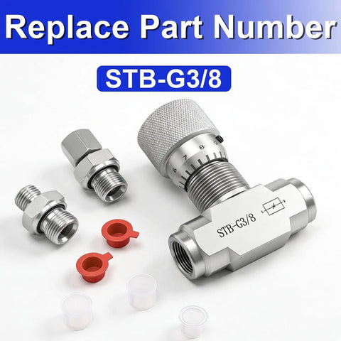 L08 Hydraulic Flow Control Valve Bidirectional Restrictor, silver, with fittings and knobs, replacement for STB-G3/8 for mini excavators.