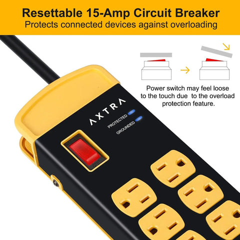 Beefy Built Metal Surge Protector Power Strip With Eight Outlets And USB Ports and resettable 15-amp circuit breaker visible