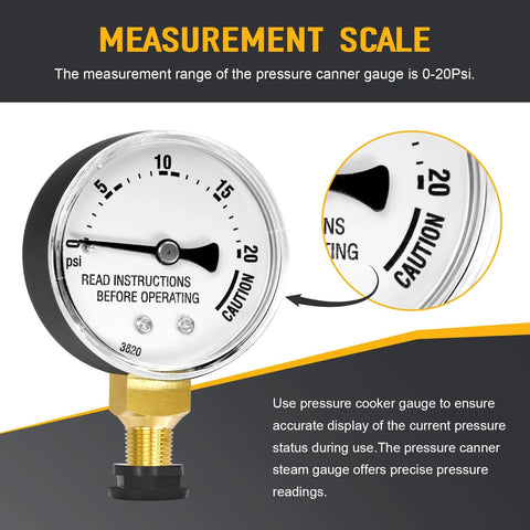 Front view of a 0-20 psi pressure canner steam gauge with brass threaded adapter; replacement gauge for Presto cookers.