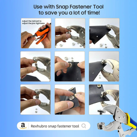 Marine Grade Stainless Steel Boat Cover Snap Kit 150 pieces in use with fastener tool on canvas.