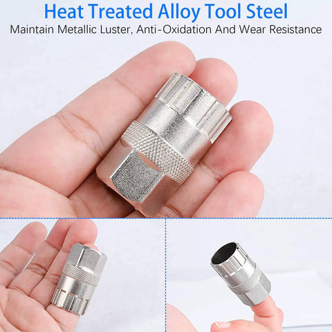 Bike Freewheel Removal And Lockring Tool For 12 Spline Freewheels Shimano SunRace And Similar Systems in hand, silver alloy