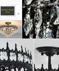 5-Light Modern Crystal Chandeliers Dope Matte Black Semi-Flush Mount Ceiling Light Fixture with close-up of crystal accents