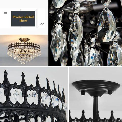 5-Light Modern Crystal Chandeliers Dope Matte Black Semi-Flush Mount Ceiling Light Fixture with close-up of crystal accents