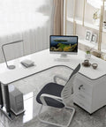 Built Different L Shaped Corner Computer Desk For Compact Rooms And Modern Home Offices Featuring Anti Bump Edging 180X120CM, white with sleek chair.