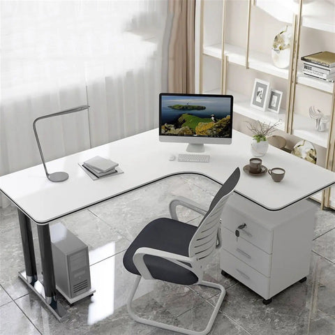 Built Different L Shaped Corner Computer Desk For Compact Rooms And Modern Home Offices Featuring Anti Bump Edging 180X120CM, white with sleek chair.