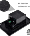 ETL certified Tough As Nails 15A wall outlet with visible wiring connections and slick black finish.