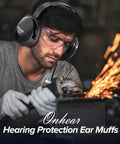 Man using adjustable noise-canceling ear muffs for adults and kids in construction, wearing safety gear while grinding metal.