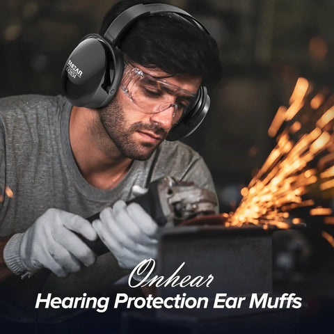 Man using adjustable noise-canceling ear muffs for adults and kids in construction, wearing safety gear while grinding metal.