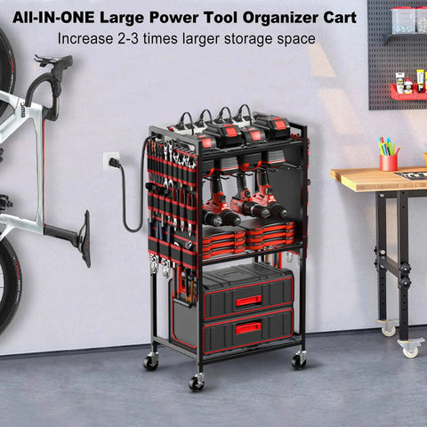 Power Tool Organizer Cart With Charging Station On Wheels Eight Outlet Power Strip Built In Battery Storage Garage Floor Rolling Rack Heavy Duty Metal Utility Cart Red, shown in garage setting with tools.