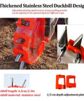 Tow Behind Seeder For Tractors Multi-Row Seed Drill With 12 Nozzle Planter, showing stainless steel duckbill in soil