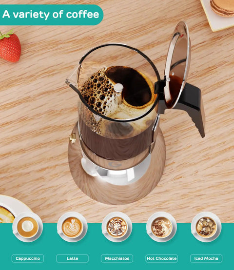 Stovetop Moka Pot For 9 Cups Espresso Maker 15oz Italian Coffee Clear Glass And Stainless Steel Base Silver Finish 450ml